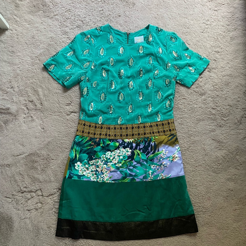 Tracy Reese New York Floral Teal Green Mini Dress Size 4 Indian Silk Mixed Print